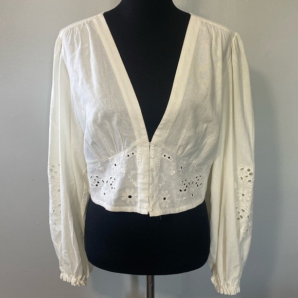 House of Harlow 1960 Linen Blend Eyelet Lace Blouse Boho Sz L NEW - Picture 1 of 10